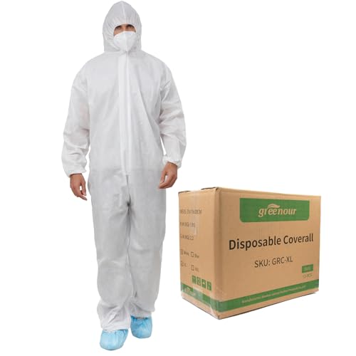 Greenour Hazmat Suits Pack of 12 Disposable Coveralls with Hood Breathable White SMS Painters Suit (2X-Large)