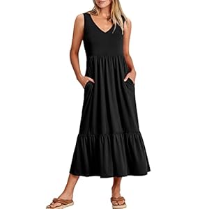 ANRABESS Women’s Summer Casual Sleeveless V Neck Swing Dress Casual Flowy Tiered Maxi Beach Dress with Pockets