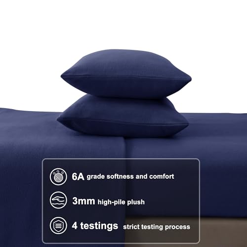 Image of Fleece Sheet Set Full, Soft Plush Bed Sheets, 4-Piece, Dark Blue | 100% polar fleece, plush on both sides for winter warmth; low-shedding, pill-resistant, 15-inch pocket, machine washable