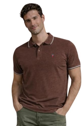 Louis Philippe Men's Slim Fit Single-Tuck Pique Stylized Sleeve Print and Contrast Tipping Half Sleeve Solid Polo Tshirt