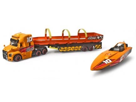 cavernedesjouets Grand Camion Transport 41cm Sons et Lumiere et remorque Porte Bateau a Moteur - Transporteur Speed Boat - Set vehicule Garcon + Carte