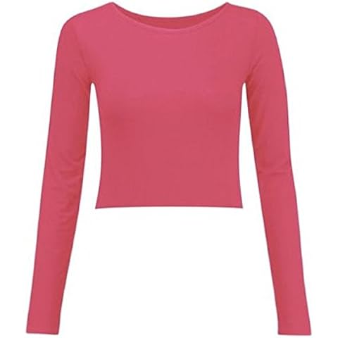My Fashion Store New Women Long Sleeve Plain Crop TOP in Many Colours Ladies Long Sleeve Plain Crop TOP UK Size 8-18 Coral Cover