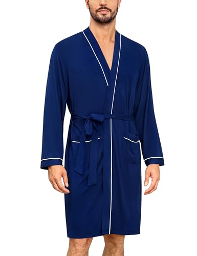 SWOMOG Mens Modal Robe with Shorts Set 2 Pcs Long Sleeve Kimono Bathrobe Soft Pjs Set Loungewear with Pockets2