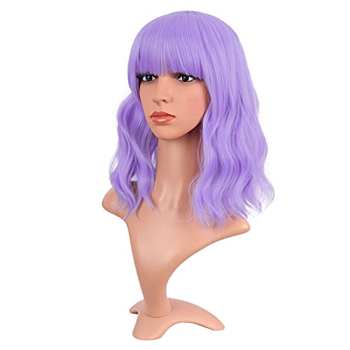 Image of MapofBeauty 14 Inch /35 cm Short Wavy Curly Women Fresh Bright Synthetic Ordinary Flat Bangs Bob Wig (Light Purple)