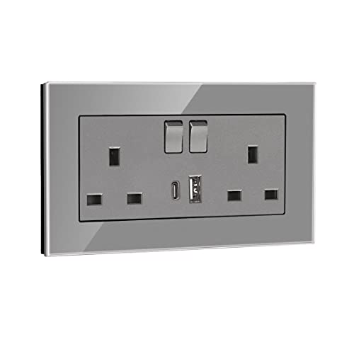 5 Pack CNBINGO Glass Double Switched Socket with USB-A and Type-C Charging Ports, Grey Tempered Glass Panel Wall Outlet, 2 Gang 13 Amp Electric Power Socket 5 Pack CNBINGO Glass Double Switched Socket with USB-A and Type-C Charging Ports, Grey Tempered Glass Panel Wall Outlet, 2 Gang 13 Amp Electric Power Socket