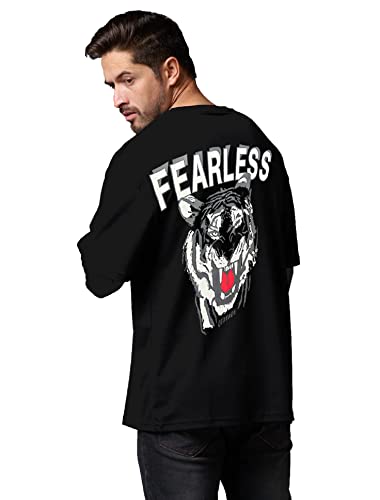 Image of LEOTUDE Men's Oversized Cottonblend Round Neck Half Sleeve Back Printed Drop Shoulder Tshirt(Color : Navy)