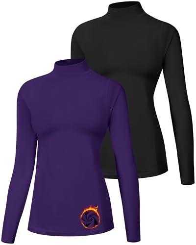 Runhit Women's Thermal Fleece Compression Shirt Mock Neck Long Sleeve Athletic Base Layer Tops Running Workout Football Golf Cold Weather Gear Black+Purple S