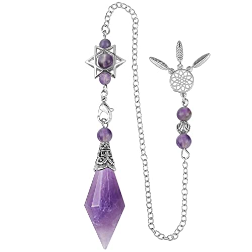 Nupuyai Péndulo de piedra de cristal de amatista para adivinación y dowsing, péndulo de piedra curativa con cadena de atrapasueños de estrella Merkaba Cover
