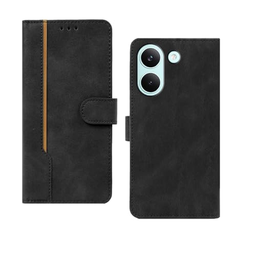 Image of amazon basics Poco X8 Pro 5G Flip Cover | Card Pockets Wallet & Stand | Flip Cover for Poco X8 Pro 5G (Black with Beige Strip)