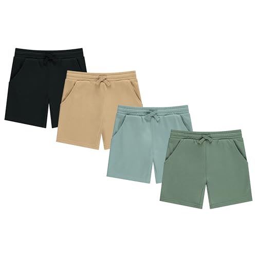 STITCH & STONE Boys 4 Pack French Terry Shorts Soft Breathable Cotton Lounge Shorts with Elastic Waist Drawstring