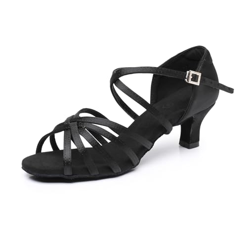 Rosefinch Women's Satin Latin Dance Shoes Professional Ballroom Salsa Practice Performance Dancing Shoes 2" Black 8.5 US