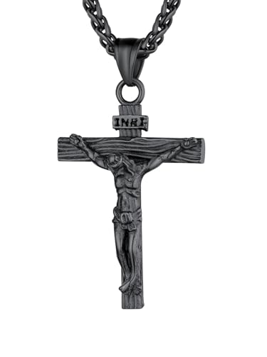 U7 Catholic Christian Jewelry Stainless Steel Black Gun Plated Chain Crucifix Cross Necklace Pendant