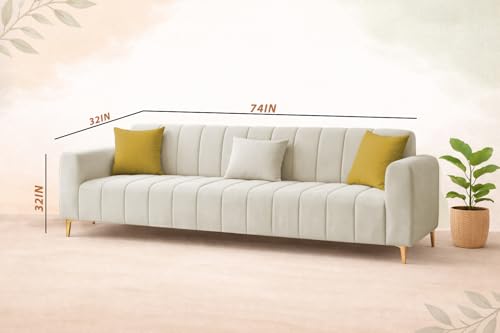 Image of Casaliving Velour Modern Velvet Sofa, Tufted Design Upholstered 3 Seater Sofa Set for Living Room, (Cream Colour) Premium Velvet Fabric Sofa | Easy to Clean