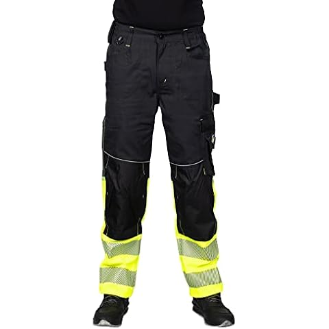 Stenso Prisma Mens Work Trousers - Cargo Pants Trousers with Multi & Kneepad Pockets Hi Vis Reflective EN ISO 20471 Black/Yellow EU52 Cover