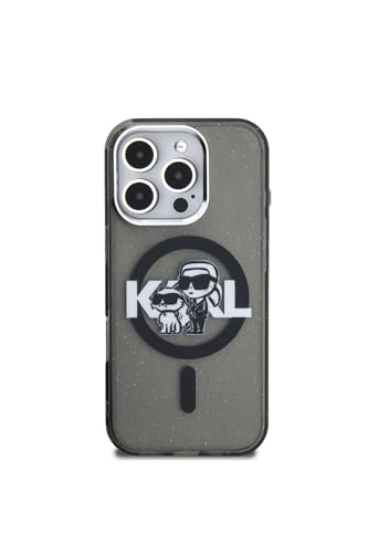 Coque compatible avec iPhone 16 Pro Max Karl Lagerfeld Licence Glitter Karl & Choupette Sketch Logo Noir