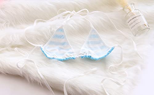 しましま ビキニ 紐パン パンツ ブラ ニーハイ 3点セット コスプレ マイクロ 三角ビキニ (ライトブルー) - 画像6