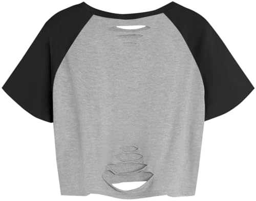 Image of Avanova Women Raglan Shirt Ripped Distressed Crop Tops Short Sleeve Cropped T Shirts Summer Tee