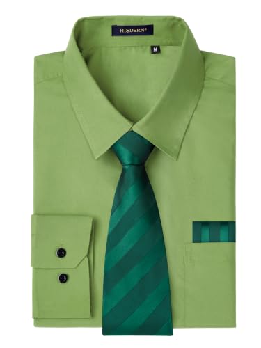 Image of HISDERN Mens Dress Shirt with Tie Pocket Square Set Classic Button Down Shirt Matching Tie Long Sleeve Shirts