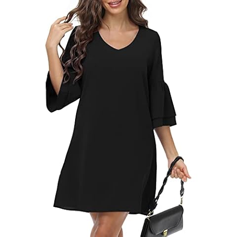 YUNDAI Women's Summer Loose Chiffon Dress Sweet & Cute V-Neck Bell Sleeve Shift Dress Mini Dress Cover