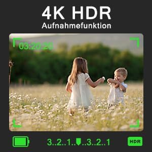Screen display showing 4K HDR recording function in progress, with two children playing in a field. The image highlights the camera's ability to capture high-dynamic-range video.