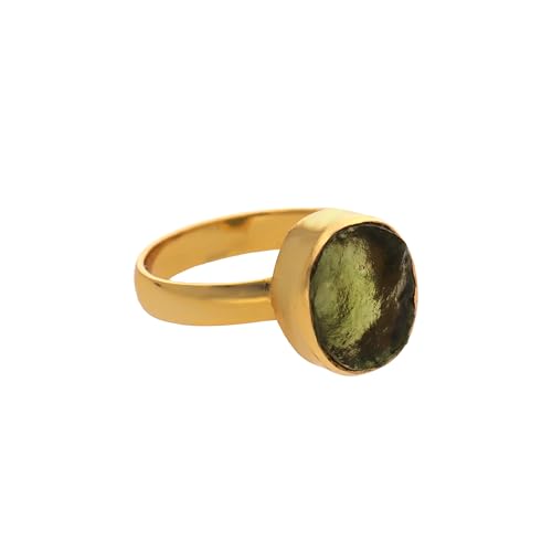 Natural Moldavite Rough Gemstone Ring, 14k Gold Vermeil Promise Ring, Simple Moldavite Stone Ring From Czech Republic Gift For Her, Green/gold2