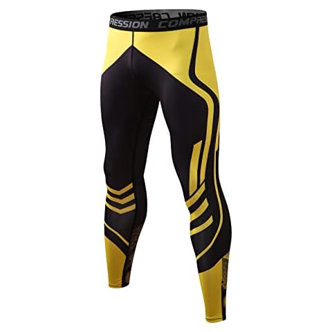 Yishengwan Mens Compression Pants Base Layer Leggings, Quick Dry Gym Tights Underwear for Workout Running Sport Training Yellow L Cover