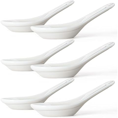 Wareland Asian Soup Spoons Set of 6, Ceramic Chinese Soup Spoons Japanese Spoon for Ramen Pho Dumpling Miso Wonton Noodles 5.5 Inch | Flat Bottom Design | White Cover