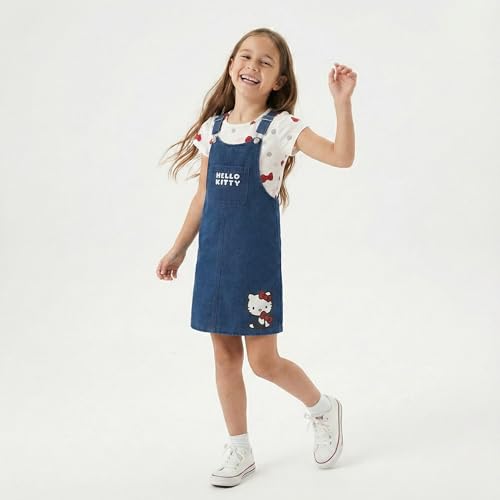 Image of Hello Kitty Sanrio Girls Adjustable Jumper Denim Dress with Shirt Set for Toddler and Big Kids