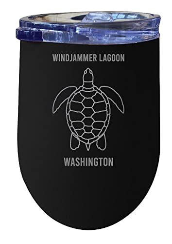 R and R Imports Windjammer Lagoon Washington Laser Etched Beach Souvenir 12 oz Insulated Wine Stainless Steel Tumbler Turtle Design Black