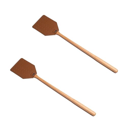 2 Tapettes à Mouches en Cuir PU, 19 Pouces Tapetteà Mouche avec Long Manche en Bois, Attrape-Mouche, Lutte Antiparasitaire Manuelle, Tapetteà Mouche Main pour Intérieur Extérieur Maison Cuisine