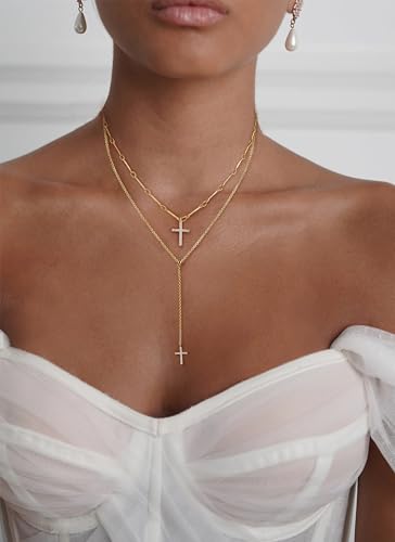 Cross Necklace for Women, 14k Gold Plated Long Cross Pendant Necklace Stack Layered Gold Necklaces for Women Trendy Dainty Layering Cross Lariat Necklace Set Fashion Womens Jewelry2