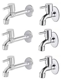 Spazio Stainless Steel Turbo Bib Cock with Long Body Combo Pack Foam Flow Water Taps with Wall Flange (Pack of 3) (Chrome Plated, Brass Disc)