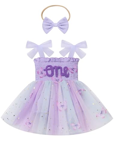 IBTOM CASTLE Baby Girl 1st Birthday Outfit Butterfly Tulle Tutu Romper Dress + Headband One Year Old Clothes for Cake Smash
