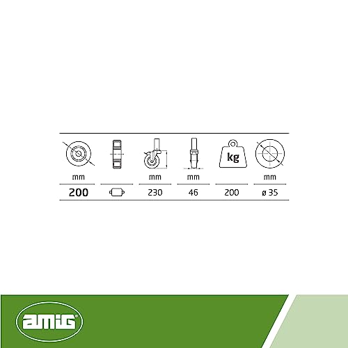 Amig - Bockrolle für Gerüst | Mit Bremse | Ø200 mm | Maximale Belastung: 200 kg | Metallkern und Gummibeschichtung | Rollenlager | Speziell für den industriellen Einsatz konzipiert | Schwarz.