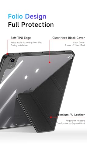 Image of INICIO Smart Folio Case for M3 /M2 iPad Air 11 inch 7th /6th 10.9in 5th /4th, Detachable Front Cover, Trifold Multi Angle Stand, Pencil Holder, Auto Wake /Sleep, Durable Protection, PU+PC+TPU, Black