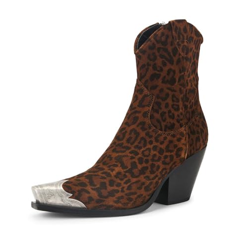 Image of keleimusi Women's Western Cowgirl Ankle Boots Stacked Block Heel Cowboy Booties Steel Toe Heeled Short Cowboy Boots Western Booties