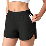 SCCGKP Damen 3 Zoll Swim Boardshorts, Badeshorts mit Seitenschlitzen, Taschen, Innenfutter und Schnelltrocknendem Material (DE/NL/SE/PL, Alphanumerisch, L, Regular, Regular, Schwarz)