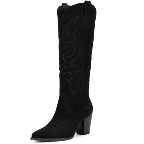 Pasuot Suede Cowboy Boots for Women - Western Knee High Cowgirl Boots with Side Zipper Retro Pointed Toe Tall Block Heel Pull On Long Boot Fall Winter Concert Rodeo Festival Daily Black Size 8