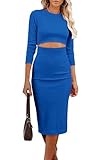 Picture of PRETTYGARDEN Women's Long Sleeve Midi Bodycon Dresses Casual Crewneck Cut Out Ribbed Knit Fitted Pencil Dress (Blue,Small)