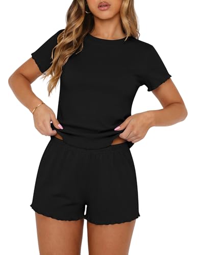 Ekouaer Cute Pajamas for Women Set 2 Piece Ribbed Pjs Short Sleeve Crop Top and Shorts Sleepwear Summer Soft Pajamas Set 2026 Y2K Lounge Sets Black X-Large