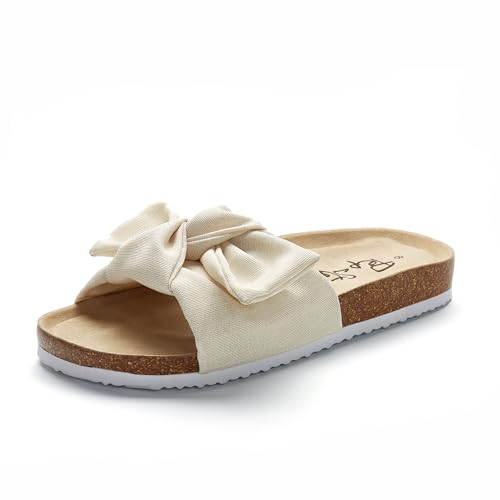 Image of PepStep Slide Sandals for Women or Ladies Dressy Summer Casual, Cute Bow Tie Knot On Top Strap, Comfy Slip On Cork Foot Bed
