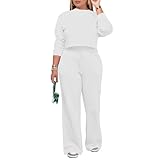 PINSV Women's 2 Piece Outfits Sweatsuit Set Long Sleeve Crop Top Drawstring Wide Leg Pants with Pockets Track Suits Casual Sets White XL