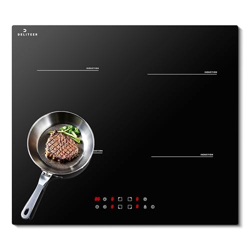 Placa de inducción 4 fuegos, DELITEER placa induccion autónoma, empotrable 60 cm, 7200 W, control táctil, función de impulso, temporizador, bloqueo seguridad para niños, 220 V ~ 240 V, sin enchufe.
