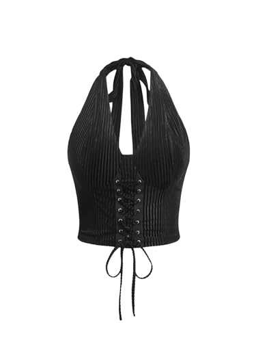 WDIRARA Women's Plus Size Lace Up Front Halter Tank Tops Slim Fit Crop Tee