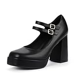 IDIFU Black Mary Janes Platform Chunky High Heels Closed Toe Dress Shoes for Women Work Business Office Party Shoes Comfortable Casual Dressy Cute Strappy Block Square Toe Heels Pumps(Black Pu, 7.5)