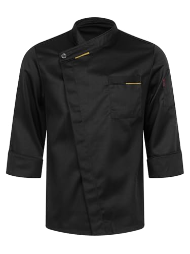 XUNZOO Unisex Men's Chef Jacket Food Service Chef Coat Restaurant Kitchen Work Uniform Cook Shirt Top #01Black X-Large