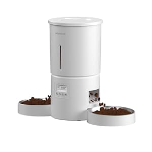 Dual Automatic Cat Feeder 2 Cats,6 Meals/Day,12 Portions/Meal,4.2L Dual Power Double Bowls Feeder,Dry Food Auto Pet Dispenser,10S Voice Record,Flexible Schedule Timer(White,Stainless Dual Bowls)