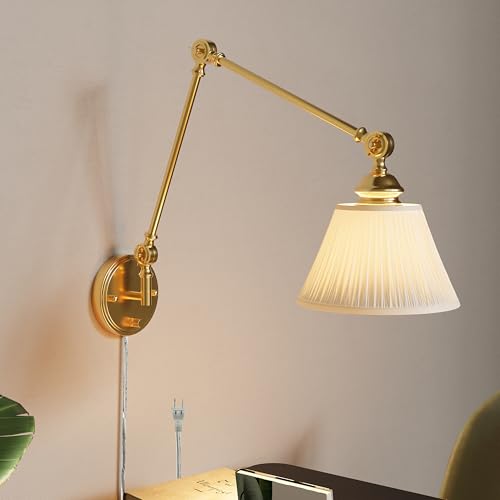 Image of Gold Plug in Wall Sconce, Swing Arm Wall Light with 6.6FT Plug in Cord, Two Adjustable Arms, Fabric Shade, E26 Base, Hardwired Wall Lamp for Bedroom, Reading, Living Room, Hallway (1 Pack)