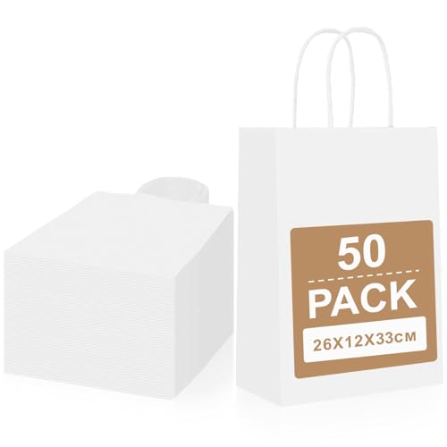 Gucass 50 Pcs Grand Sac Papier Cadeau, Blanc Sac en Papier Kraft avec Poignée Pochette Cadeaux 26x12x33cm, Sachet Kraft Emballage Cadeau, Pochette Kraft pour Noël...
