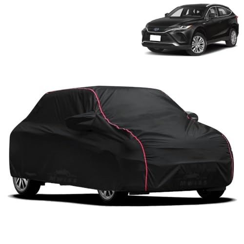 Image of Waterproof Car Cover for Toyota Venza | All-Weather Protection, Dustproof & UV Resistant | Triple Stitched Mirror Pockets, Windproof Buckle Strap with Elastic Hem, Black-Red Piping